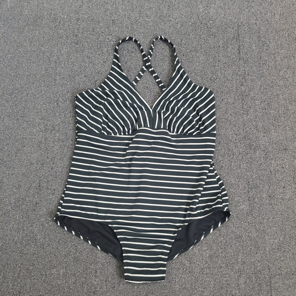 Catalina 2X One Piece Swimsuit Black White Striped Ribbed V-Neck Plus‎ Size